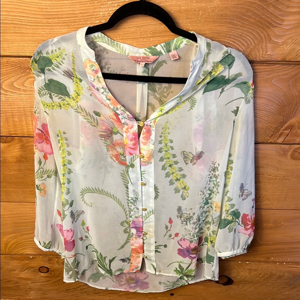 Ted Baker London White Green long Sleeve Blouse‎ 2 Mandarin Collar Floral Sheer
